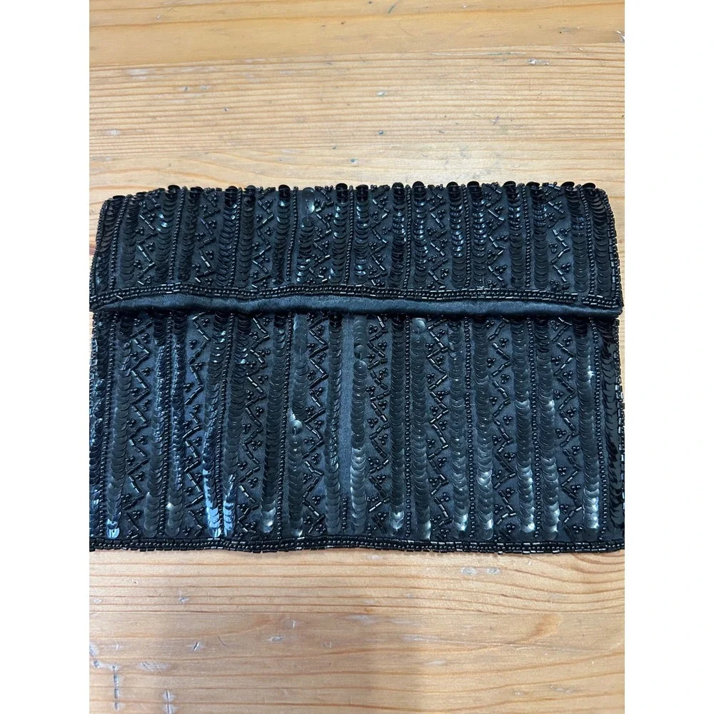Vintage Made in France 1940s Black Bead Sequin Envelope Clutch Evening Handbag